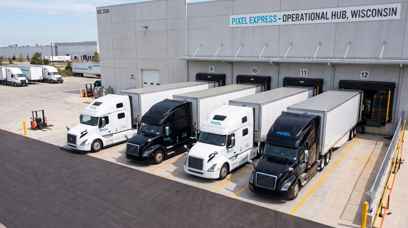 Pixel Express operational hub trucks at dock — Wisconsin