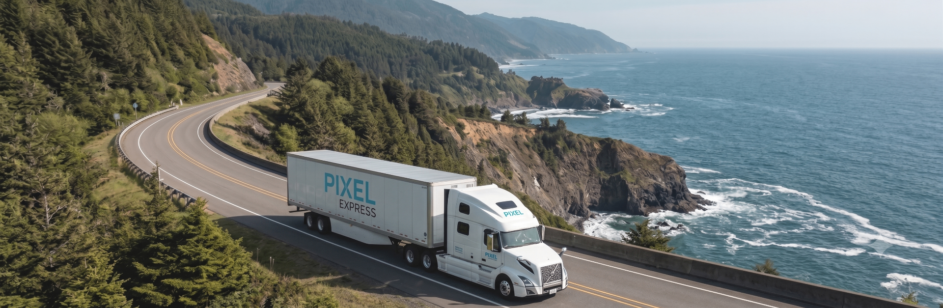 Pixel Express Volvo VNL 860 on scenic coastal route